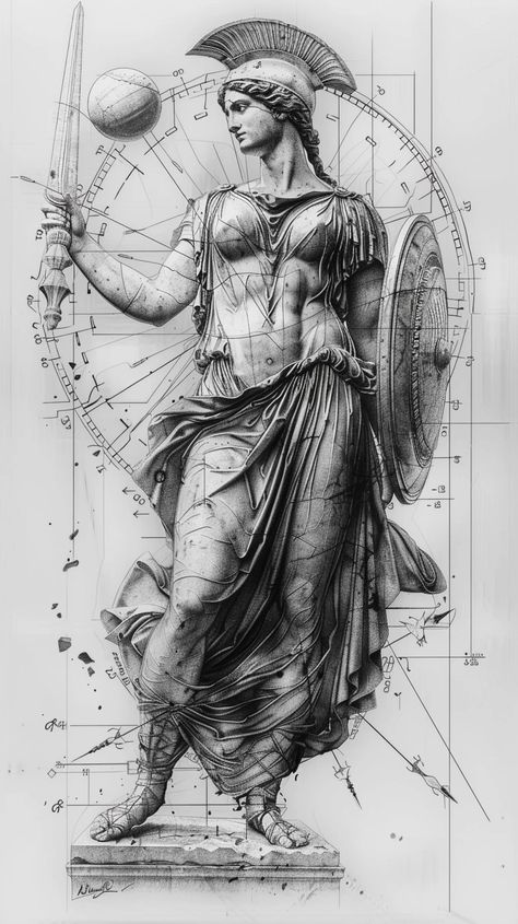 Athena Tattoo, Ancient Art Tattoo, Statue Tattoo, Ancient Greek Sculpture, Greek Mythology Tattoos, Greek Statues, Geometric Tattoo Design, Rennaissance Art, Mythology Tattoos