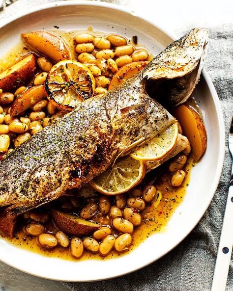 Baked Branzino Recipe, Roasted Branzino, Brothy Beans, Branzino Recipe, Meat Meals, Flavorful Dinner, Tried And True Recipes, Egg Roll Recipes, Fish Food