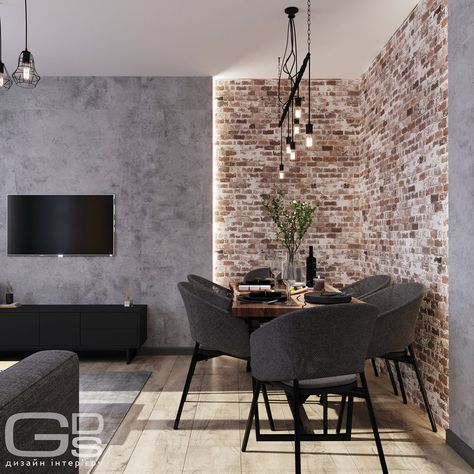 Loft style apartment :: Behance Loft Wall Design, Decorative Brick Wall Interior, Loft Style Homes Small, Industrial Brick Wall Living Room, Wall Brick Design Interiors, Living Room Loft Style, Interior Brick Wall Ideas, Loft Apartment Ideas, Brick Wall Interior Living Room