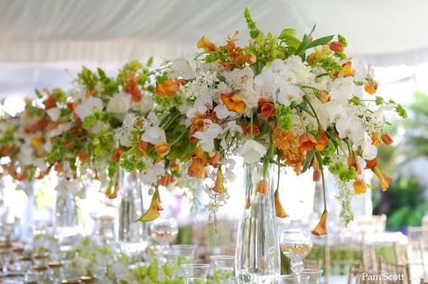 Beautiful #orange #green and #white centerpieces White Centerpieces, Tropical Centerpieces, White Centerpiece, Santa Fe Wedding, Green Themed Wedding, Event Centerpiece, Wedding Floral Centerpieces, Reception Centerpieces, Tall Centerpieces