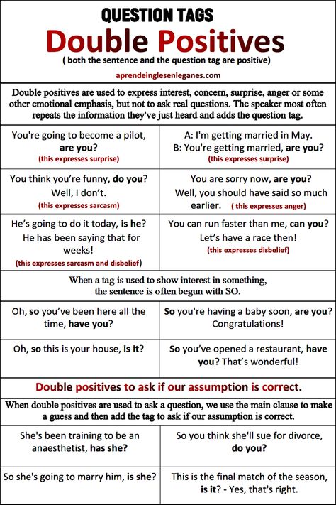 QUESTION TAGS - DOUBLE POSITIVES Question Tag, Become A Pilot, Advanced Grammar, English Conversation Learning, English Grammar Notes, Study English Language, English Phrases Idioms, Teaching English Grammar, English Language Learning Grammar