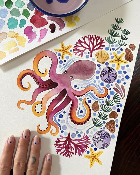 Octopus Diy, Watercolour Inspiration, Watercolor Art Lessons, 자수 디자인, Arte Inspo, Arte Sketchbook, Art Inspiration Painting, Book Art Drawings, Marker Art