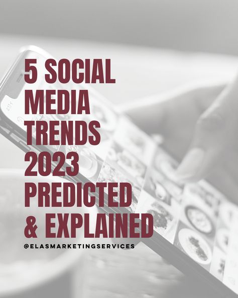 Let's make 2023 the best year yet for you and your business! We've forecasted what it's going to take to be relevant on social media so we can help add value to your marketing strategy. Here are 5 social media trends predicted and explained for you to take your social game to the next level in 2023. Read it on our blog! https://www.elasmarketingservices.com/post/5-social-media-trends-2023 #socialmediamanagement #contentcreation #businessmarketing Social Media Design Trends 2023, Social Media Trends 2023, Social Media Sizes 2023, Best Time To Post On Social Media 2023, Social Media Marketing Trends 2023, Marketing Trends 2023, Pros And Cons Of Social Media, Stop Posting Everything On Social Media, Social Media Topics