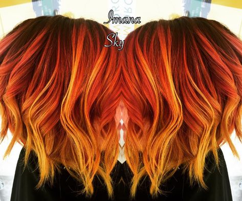 Fire Hair: Fiery Short Hair Purple Roots, Sunset Hair Color, Biolage Hair, Red Orange Hair, Cheveux Oranges, Sunset Hair, Fire Hair, Rainbow Hair Color, Hair Balayage