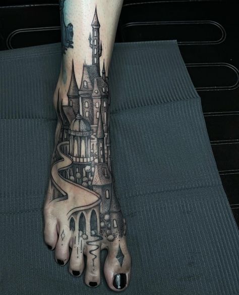 Beauty And The Beast Castle Tattoo, Gothic Disney Tattoo, Castle Feet Tattoo, Runescape Tattoo, Black Castle Tattoo, Dragon Foot Tattoo, Gothic Castle Tattoo Design, Fountain Tattoo, Dark Tower Tattoo Ideas