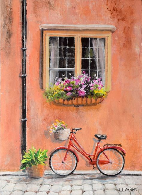 ‘A day in Paris’, original framed oil painting by LuvernoArt. Available on Etsy. #oilpainting #smallpainting #framedpainting #bikepainting #bicyclepainting #bicycle #frenchstreet #windowflowers #urbanpainting #vintagepainting #vintageart #cutepainting Bicycle Flowers, Bicycle With Flowers, Bike Wall Art, Window Flowers, Cycle Painting, A Day In Paris, Bicycle Wall Art, Flowers Oil Painting, Bike Wall