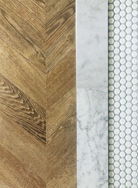 Wood To Tile Bathroom Transition, Tile To Wood Threshold, Herringbone To Tile Transition, Marble Threshold Bathroom, Penny Tile Transition, Penny Tile And Marble Bathroom, Marble Floor Transition, Marble Threshold Transition, Marble Penny Tile Bathroom