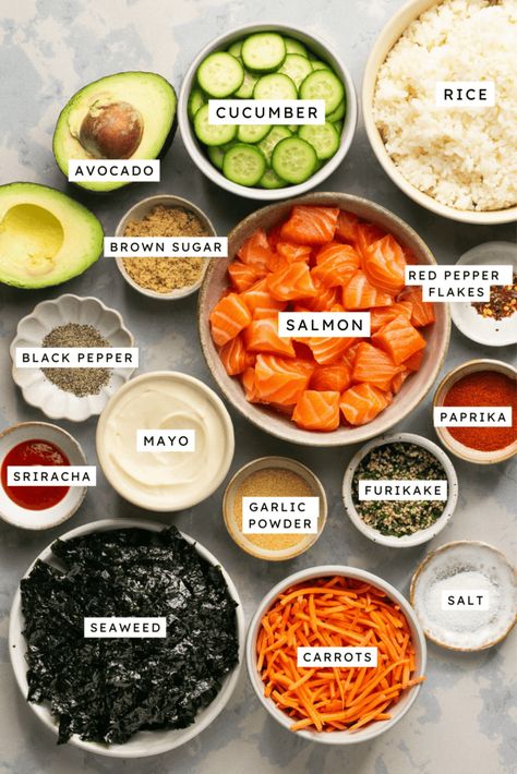 Crispy Air Fryer Salmon Sushi Bowl Spicy Salmon Bowl Air Fryer, Sushi Bowls Easy, Air Fry Salmon Fillets, Air Fry Salmon, Sushi Rice Bowl, Salmon Sushi Bowl, Sushi Fillings, Sushi Bowl Recipe, Sushi Bowls