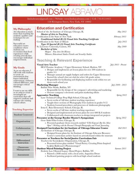 Lindsay Abramo Visual Arts Teacher Resume 2015 Art Teacher Resume Examples, Art Teacher Resume, Art School Ideas, Resume Action Words, Teacher Cv, Teacher Resume Examples, Art Camp Ideas, Lawrence University, Teacher Resume Template