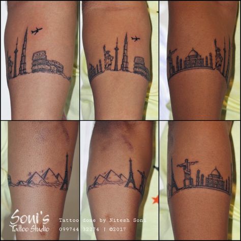 Wonders Tattoo Eiffel Tower Tattoo | Taj Mahal Tattoo | Statue of liberty Tattoo | CN Tower Tattoo | Burj Khalifa Tattoo | Gizah Pyramids Tattoo Armband Tattoo  Soni's Tattoo Studio  09974432274 #sonistattoo  Done at @sonistattoo Done by @nitesh_devi_soni Taj Mahal Tattoo Ideas, Burj Khalifa Tattoo, Cn Tower Tattoo, Taj Mahal Tattoo, Mahal Tattoo, Pyramids Tattoo, Eiffel Tower Tattoo, Statue Of Liberty Tattoo, Tattoo Armband