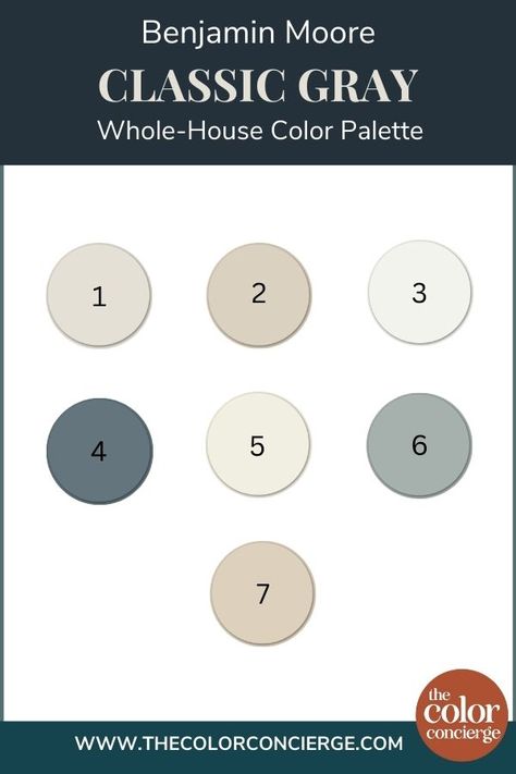 Classic Gray Color Palette, Bm Grey Paint Colors, Wickham Gray Benjamin Moore, Interior Design Small House, Bm Classic Gray, Colors That Compliment Grey, Color Palette Classic, Color Palette Earthy, House Color Schemes Interior