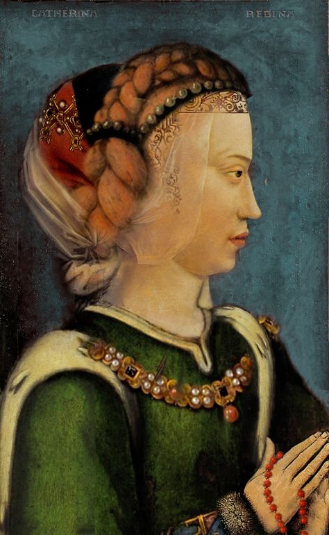 Catherine de Valois Queen of England (1401-1437),daughter of Charles VI of France and  Isabeau of Bavaria. After two years of marriage, Catherine became a widow. She then entered into a sexual relationship with Welshman Owen ap Maredudd ap Tudor, who, in 1421, in France, had been in the service of Henry V's steward Sir Walter Hungerford. Anglo Saxon Kings, House Of Plantagenet, Henry V, Tudor Dynasty, Jan Van Eyck, English Royalty, Tudor History, Wars Of The Roses, English History