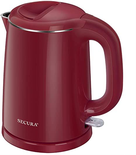 Secura Stainless Steel Double Wall Electric Kettle Water Heater for Tea Coffee w/Auto Shut-Off and Boil-Dry Protection, 1.0L (Red) (SWK-1001DR) Travel Kettle, Electric Tea Kettle, Water Kettle, Electric Water Heater, Water Level, Red Kitchen, Tea Kettle, Glass Ceramic, Electric Kettle