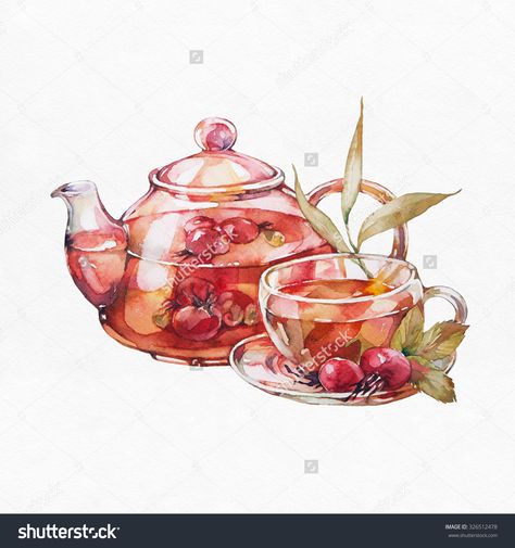 Cup Of Rose Hip Tea And Teapot. Watercolor Painting On White Background. Stock Photo 326512478 : Shutterstock Rose Hip Tea, Rosehip Tea, Food Illustration Design, Food Sketch, Food Illustration Art, Watercolor Food, Cute Food Art, 수채화 그림, Tea Art