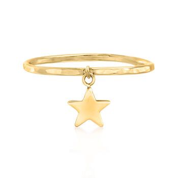 Gold Ring With Charms, Gold Star Ring, Dangle Ring, Rings With Dangling Charms, Charm Ring, Cute Gold Jewelry With Star Charm, 14k Gold Star Charm Jewelry, Charm Rings Dangle, Yellow Gold Star Charm Dangle Jewelry