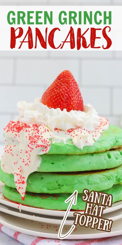 Grinch Breakfast, Grinch Pancakes, Ihop Pancakes, Christmas Pancakes, Christmas Breakfast Recipe, Grinch Party, Breakfast Party, Pancake Stack, Christmas Brunch