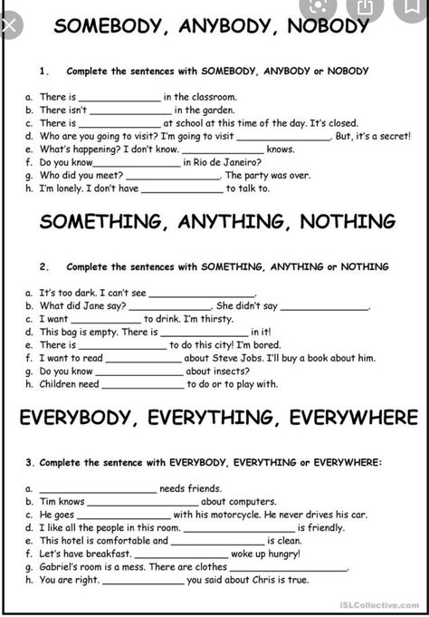 Indefinite Pronouns Worksheets, Pronouns Worksheet, Indefinite Pronouns, Incomplete Sentences, English Conversation Learning, Teach English To Kids, Interesting English Words, English Language Teaching, English Lessons For Kids