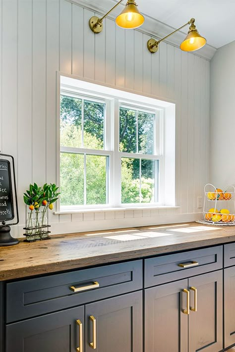 Pantry Shiplap, Reclaimed Wood Countertop, Wood Shiplap Wall, Warm Farmhouse, Shiplap Kitchen, Brick Backsplash Kitchen, Shiplap Backsplash, Farmhouse Pantry, Project House