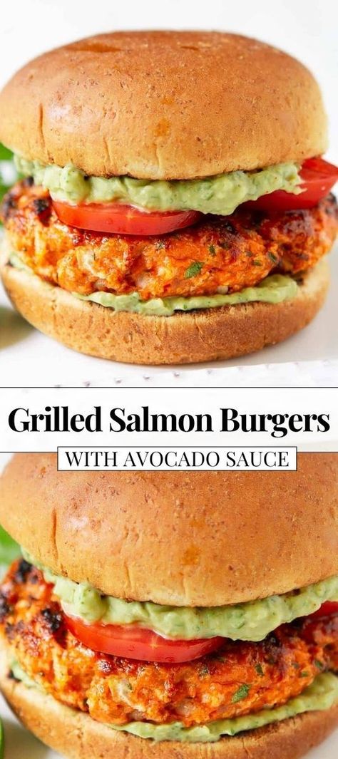 Salmon burger with avocado sauce and tomato  on a white plate. Salmon Burger Toppings, Salmon Burger Sauce, Best Grilled Salmon, Healthy Salmon Burgers, Burger With Avocado, Grilled Salmon Burgers, Burgers With Avocado, Salmon Burger Recipe, Salmon Burger