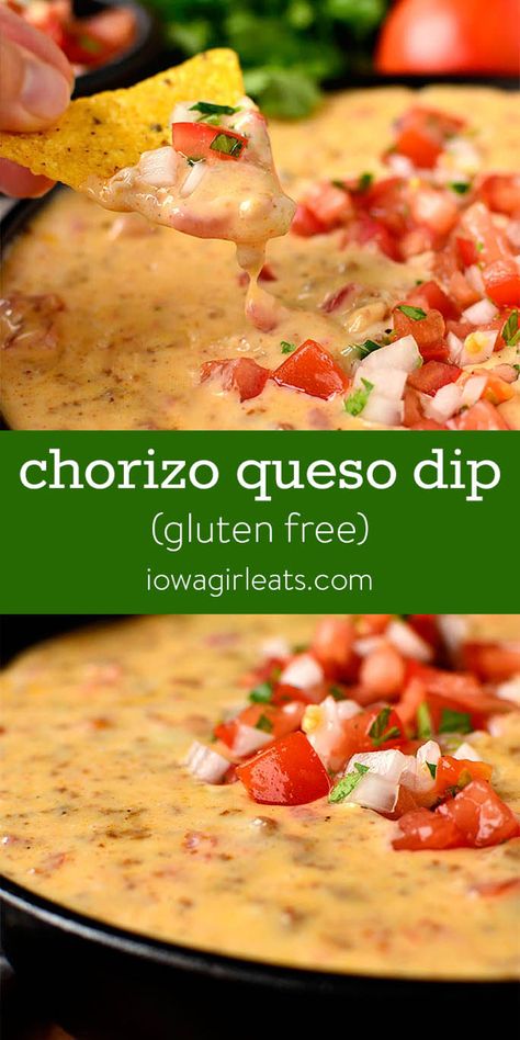 Chorizo Queso Dip, Queso Chorizo, Gluten Free Nachos, Chorizo Dip, Easy Queso, Chorizo Queso, Gluten Free Dips, Dip Easy, Mexican Appetizers