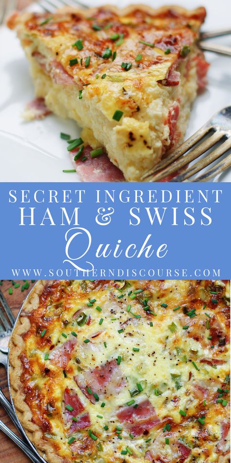 Secret Ingredient Ham & Swiss Quiche - southern discourse Ham Swiss Quiche, Ham And Swiss Quiche, Swiss Quiche, Sweets Easy, Southern Discourse, Cheese Quiche Recipe, Cheese Game, Ham And Cheese Quiche, Quiche Lorraine Recipe