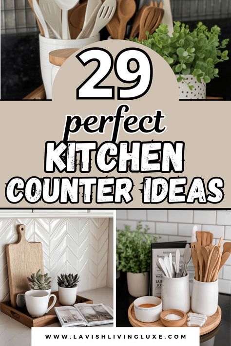 kitchen counter ideas Simple Kitchen Counter Organization, Functional Kitchen Counter, Ideas For Kitchen Countertops Decor, Kitchen Countertop Tray, Plants On Kitchen Counter, Kitchen Canisters On Counter Ideas, Kitchen Trays Countertops, Kitchen Counter Basket Decor, What Should Be On Kitchen Counters