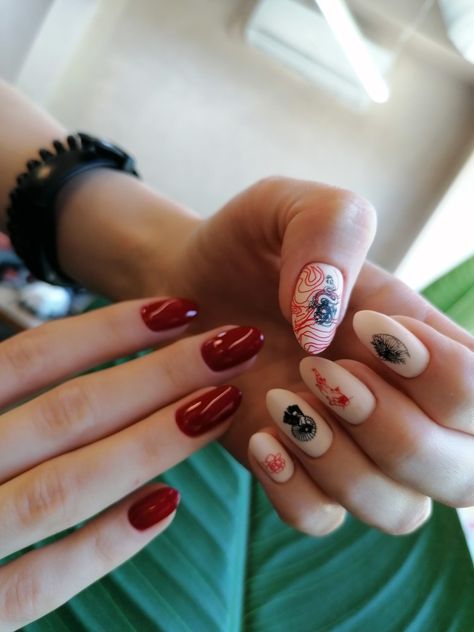 Japanese Themed Nails, Almond Nails Designs Chinese, Inuyasha Inspired Nails, Chinese Symbol Nails, Japanese Nail Art Red, Long Oval Nails, Nails Desing, Oval Nails, Red Nails