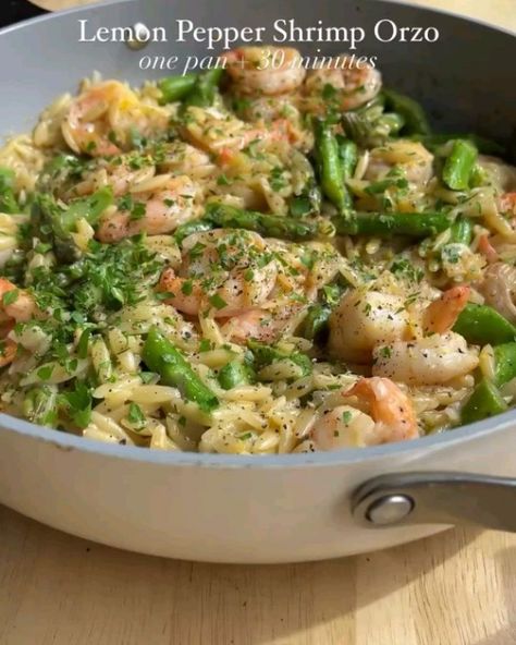 Clean Eat Feed | One Pan Lemon Pepper Shrimp Orzo by by @dishingouthealth Ready in 30 minutes and brimming with bright flavors for spring, this weeknight… | Instagram One Pan Lemon Pepper Shrimp Orzo, Lemon Shrimp Orzo Recipes, Lemon Orzo Shrimp Asparagus, Lemon Pepper Shrimp Orzo, Shrimp And Orzo Recipes, Lemon Pepper Orzo, Shrimp Orzo Recipes, Orzo Shrimp, Lemon Pepper Shrimp