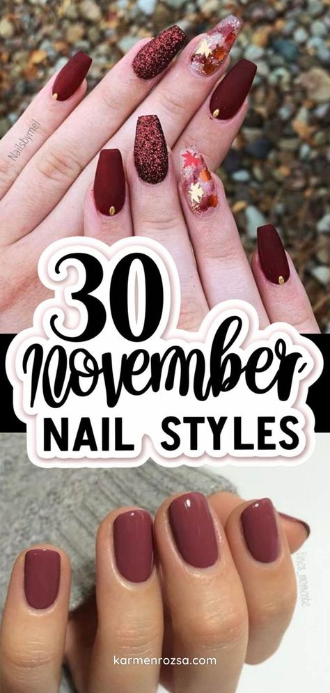 30 November Nail Styles-Burgundy nails and red nails for fall and winter. Get into the autumn spirit with these fall nails ideas! Try almond nails in rich shades of plum or square nails in warm neutrals. These styles are perfect for short nails, giving you a chic and stylish look for your November nails that’ll turn heads! Classic Square Nails, Red Nails For Fall, Easy Fall Nail Designs, November Nail, Almond Nail Designs, Nails For Fall, Glossy Nails, November Nails, Nude Nail Polish