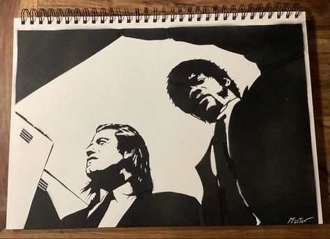 Pulp Fiction Sketch, Pulp Fiction Drawing, Pulp Fiction Painting, Film Drawing, Movie Drawings, Monochromatic Art, Pulp Fiction Art, Gcse Art Sketchbook, Abstract Face Art