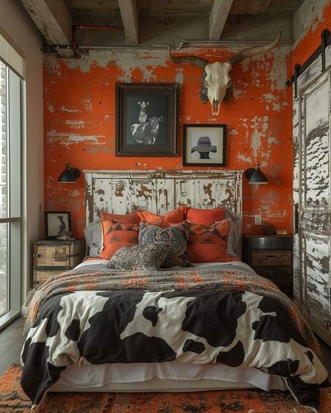 Rust Colored Bedroom, Burnt Orange Bedroom Decor, Colored Bedroom, Burnt Orange Bedroom, Colorful Bedroom Ideas, Orange Bedroom Decor, Cowboy Room, Bedroom Accents, Warm Paint Colors