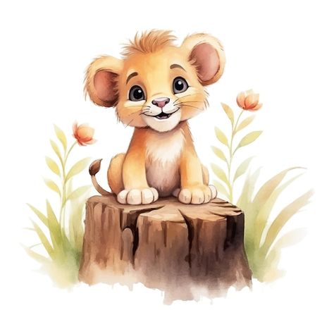 Cute Lion Painting, Lion Cute Illustration, Cute Lion Drawing, Tree With Watercolor, Cute Lion Cartoon, Animal Cartoon Illustration, Baby Story Books, Lion Cartoon, Copper Wire Art