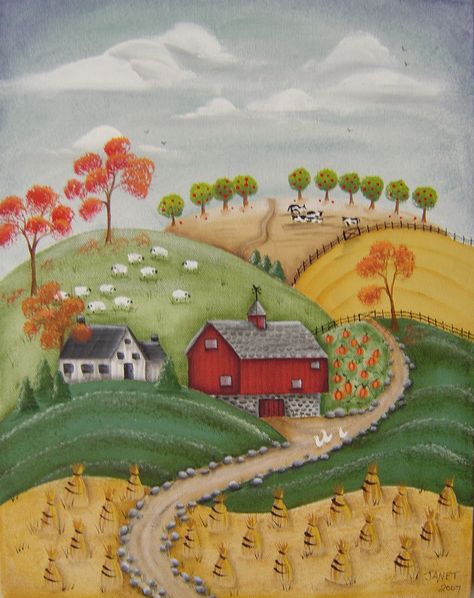 Red Barn in the Autumn Barn Illustration, Autumn Farm, Autumn Quilt, Americana Art, Arte Folk, Fall Country, Landscape Quilts, American Folk Art, Autumn Painting