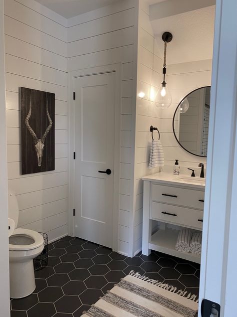 Black Hexagon Floor Tile Bathroom, White Shiplap Bathroom, Hexagon Floor Tile Bathroom, Bathroom Hexagon Tile, Black Hexagon Floor, Bathroom Hexagon, White Shiplap Walls, Hexagon Tile Bathroom Floor, Hexagon Floor Tile