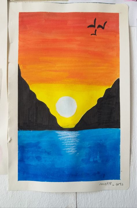 Painting Sunrise Easy, Sunset Aesthetic Drawing Easy, Sunset Simple Painting, Easy Pastel Art For Beginners, Easy Acrylic Painting Ideas Sunset, Pictures To Paint On Canvas Simple, Easy Paintings Sunset, Easy Water Coloring Ideas For Beginners, Sunset Easy Drawing