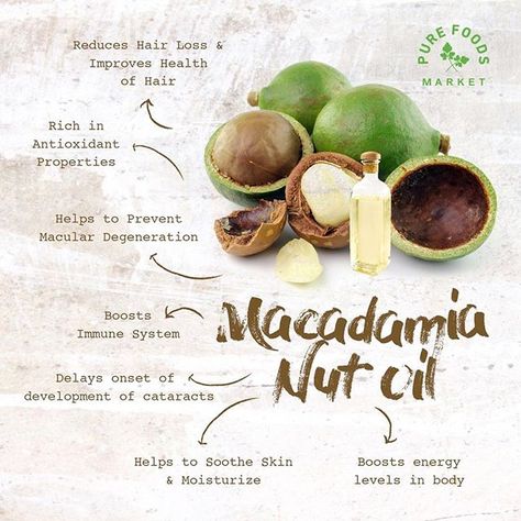 Macadamia nut oil is clear to slightly amber in color and retains a slightly nutty flavor, as macadamia nuts are quite strong in their flavor. In terms of uses, macadamia nut oil is used in culinary applications (typically as a frying oil), but also in certain cosmetics for the hair and skin. The composition of the acid makes it very stable, which is why it is so highly praised in cosmetic applications. Now, let’s take a closer look at some of the important health benefits of macadamia nut oil:⠀ Macadamia Oil Benefits, Curious Facts, Macadamia Nut Oil, Macadamia Nut, Boost Immune System, Easy Diets, Macadamia Oil, Diy Skincare, Frying Oil