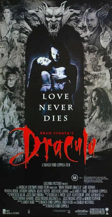 BRAM STOKER'S DRACULA (1992) - Gary Oldman - Wynona Ryder - Anthony Hopkins - Keanu Reeves - Based on novel by Bram Stoker - Directed by Francis Ford Coppola - Columbia Pictures - Movie Poster. Dracula 1992, Poster Challenge, Vampire Movies, Bram Stoker's Dracula, Batman Returns, Vincent Price, Film Horror, Horror Posters, Bram Stoker