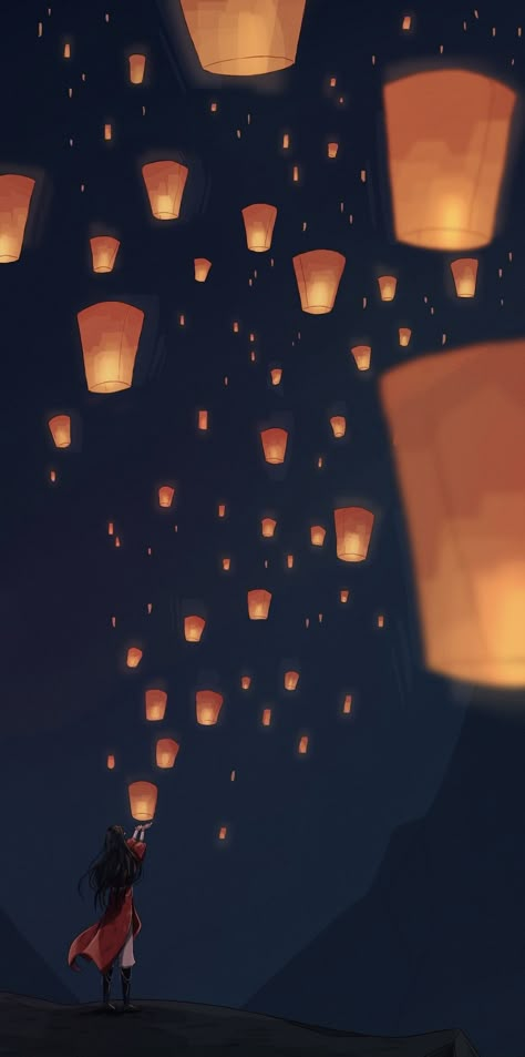 Sky Lantern Drawing, Sky Lanterns Wallpaper, Lanterns Drawing, Lantern Aesthetic, Lantern Wallpaper, Lantern Drawing, Festival Paint, Lantern Illustration, Flying Lantern