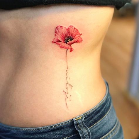 Simple Flower With Stem Tattoo, Poppy Stem Tattoo, Fineline Watercolor Tattoo, Poppy Tattoo With Name In Stem, Penelope Tattoo Name, Poppy Tattoo Ideas, Red Poppy Tattoo, Poppy Flower Tattoo, Poppy Tattoo