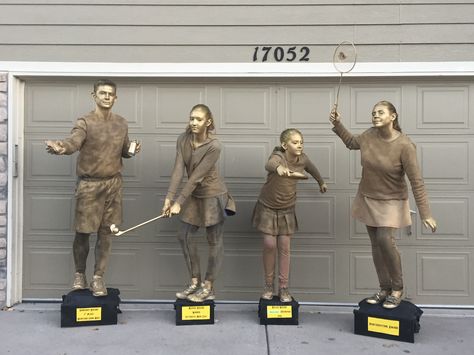 Family Trophy Shelf costumes  All backyard sports.  Easy to do with gold spray paint, gold hair spray and professional gold metallic makeup. Trophy Shelf, Backyard Sports, Metallic Makeup, Gold Spray Paint, Gold Spray, Hair Spray, Gold Hair, Dia De Muertos, Spray Paint