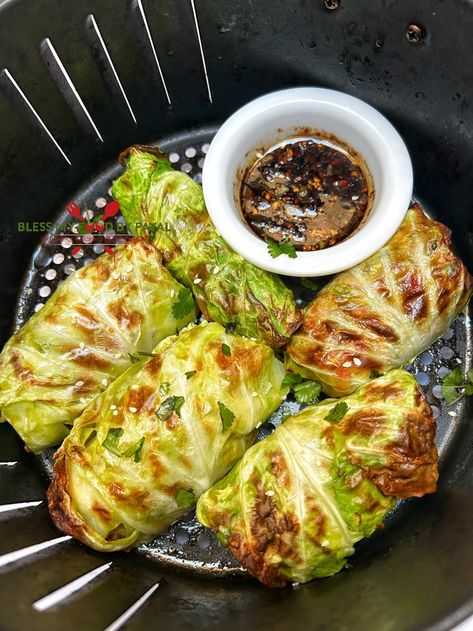 Air Fryer Asian cabbage rolls Green Cabbage Rolls, High Protein Crispy Asian Cabbage Rolls, Stuffed Cabbage Rolls Without Rice, Pan Fried Cabbage Rolls, Chinese Stuffed Cabbage Rolls, Air Fryer Cabbage Dumplings, Asian Napa Cabbage Recipes, Cabbage Korean Recipes, Crispy Asian Cabbage Rolls