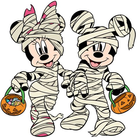 Clip art of Mickey and Minnie Mouse trick-or-treating on Halloween as mummies #disney, #mickeymouse, #minniemouse, #mickeyandminnie, #halloween Free Halloween Coloring Pages, Halloween Clips, Mickey Mouse Halloween, Mickey Halloween, Halloween Mummy, Mickey And Minnie Mouse, Halloween Quotes, Halloween Coloring Pages, Svg For Cricut