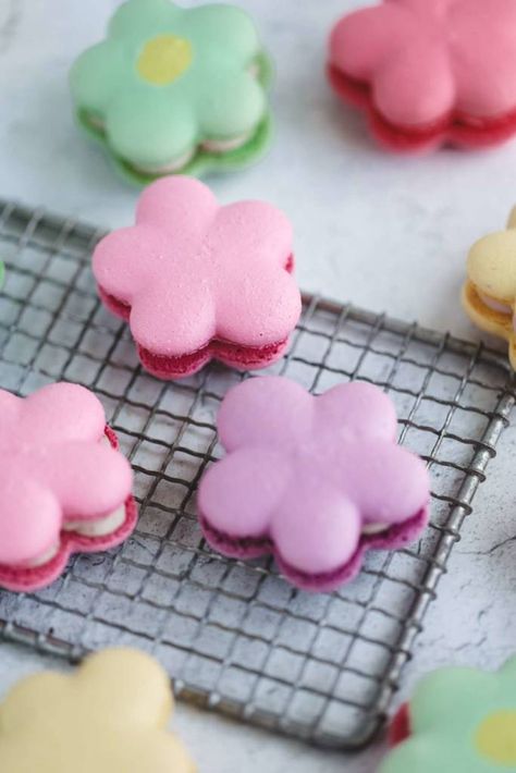 Flowers Macarons - Everything Marina Macarons Flowers, Macaron Filling, Piping Flowers, How To Make Macarons, Edible Gold, Macaron Recipe, Airtight Containers, Baking Mat, Gift For Mother