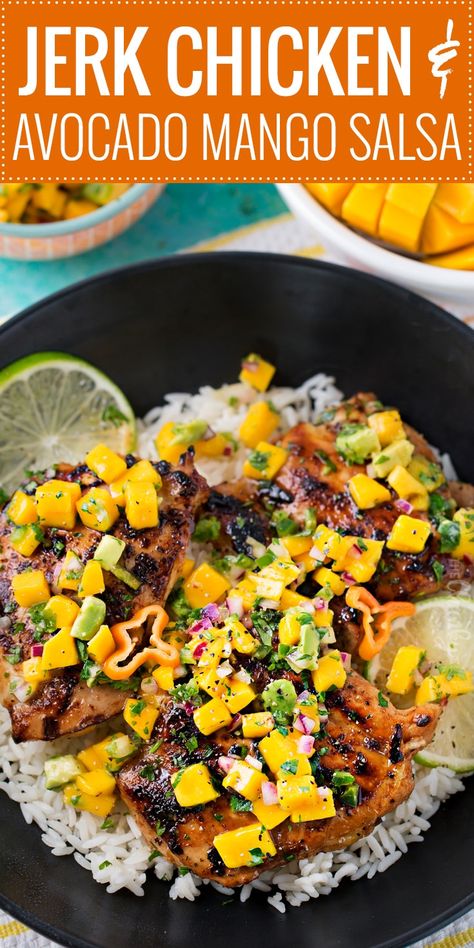 Recipes For Avocado, Jerk Chicken Thighs, Jerk Chicken Marinade, Mango Salsa Chicken, Reggae Party, Jerk Marinade, Jerk Chicken Recipe, Chunky Chef, Mango Salsa Recipes