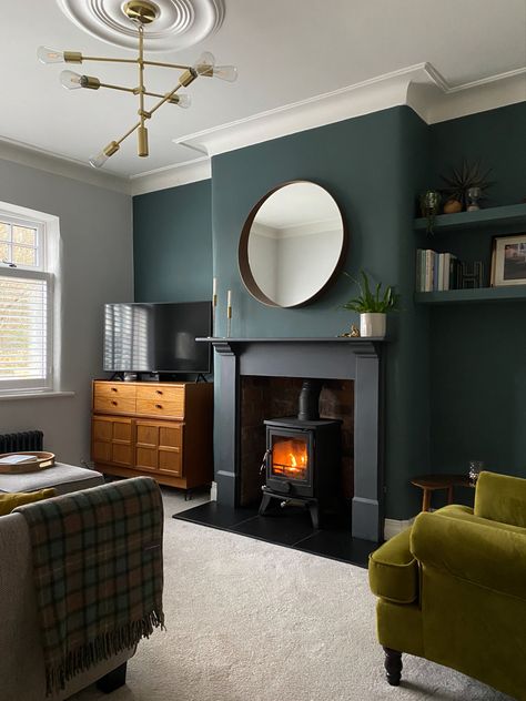 Farrow And Ball Living Room, Log Burner Living Room, Dark Green Living Room, Dark Blue Living Room, Inchyra Blue, Teal Living Rooms, Snug Room, Feature Wall Living Room, Victorian Living Room