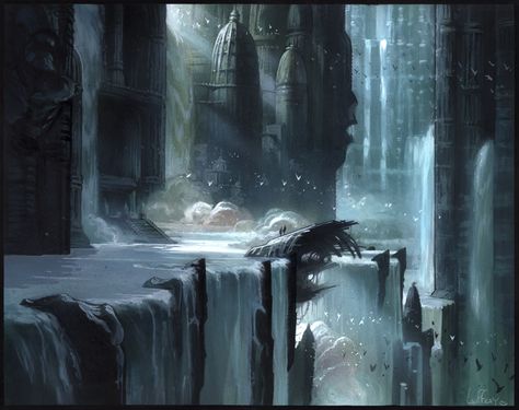 Oprheus - décor Underworld City Concept Art, Ravnica Art, Dwarven Ruins, Cities Artwork, Sunken Ruins, Games Design, Location Inspiration, Landscape Concept, Fantasy City