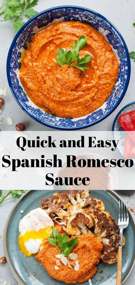 The best romesco sauce recipe. Packed with flavor, quick and easy. This sauce is so good you'll want to spoon it over everything! #romescosauce #spanish #redpeppersauce Vegetarian Omelette, Spanish Omelette Recipe, Sauce For Vegetables, Roasted Cauliflower Steaks, Spanish Omelette, Romesco Sauce Recipe, Paprika Sauce, Romesco Sauce, Red Pepper Sauce