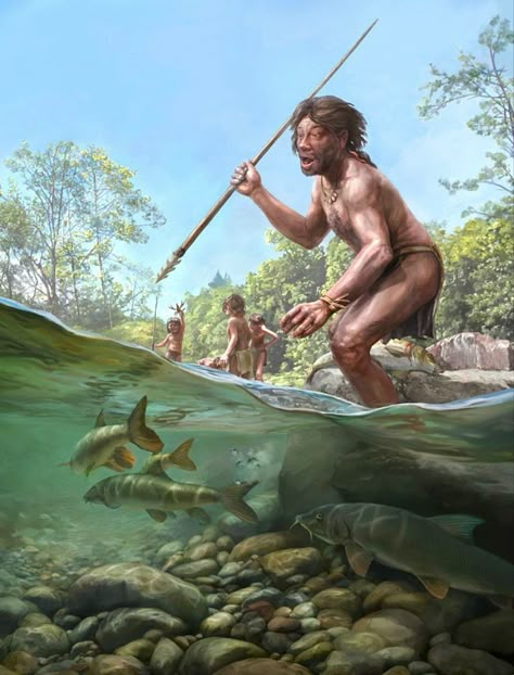 During the Mesolithic, humans learned to hunt and fish in groups. They built boats and canoes and constructed the first wooden trackways that allowed them to safely cross wetlands. Early Humans Pictures, Paleolithic People, Fishing Harpoon, Mesolithic Age, Prehistoric Humans, Stone Age People, Stone Age Man, Stone Age Art, Paleolithic Era