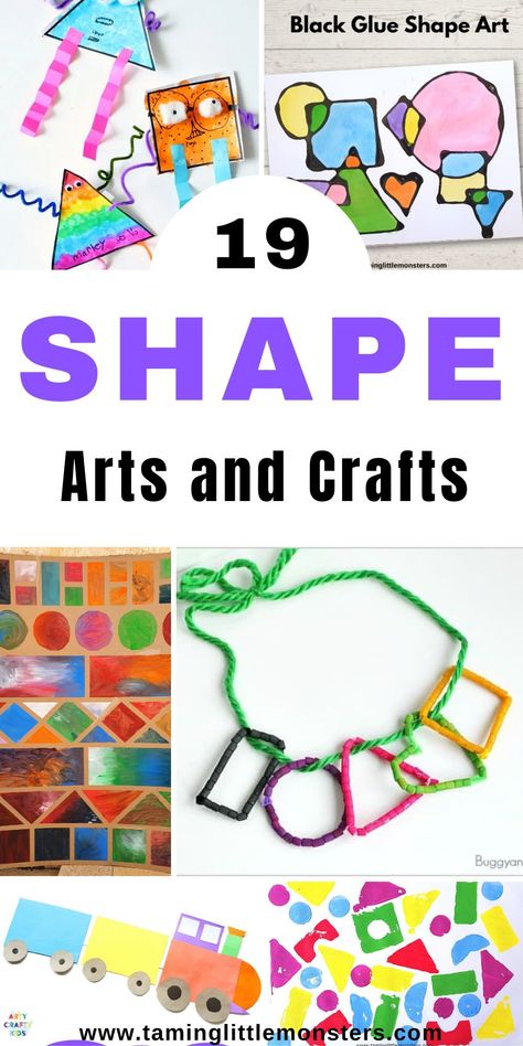 Shape Arts and Crafts for Toddlers and Preschoolers. Learn shapes with these art ideas for kids. Easy and fun. #artsandcrafts #shapes #toddlers #preschoolers 3d Art Crafts For Preschoolers, Arts And Crafts 3 Yo, Shapes Activities Preschool Crafts, 3d Art Preschool Ideas, Shape Art Activities, Shapes Art For Kids, Shape Activities Eyfs, Preschool Shape Crafts, Shape Art Preschool