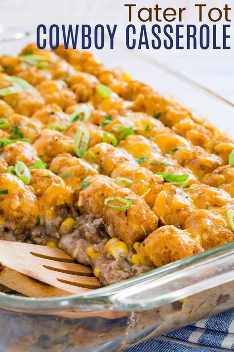 Enjoy the perfect blend of flavors in this Gluten-Free Tater Tot Cowboy Casserole! Ground beef, corn, and mushrooms in a creamy tomato sauce are covered with crispy tater tots and melted cheddar cheese. It’s an easy and delicious dinner option that’s sure to become a family staple. Gluten Free Casserole Recipes, Cowboy Casserole Recipe, Gluten Free Recipes Side Dishes, Gluten Free Comfort Food, Tater Tot Recipes, Cowboy Casserole, Easy Summer Dinners, Gluten Free Sides Dishes, Tot Casserole